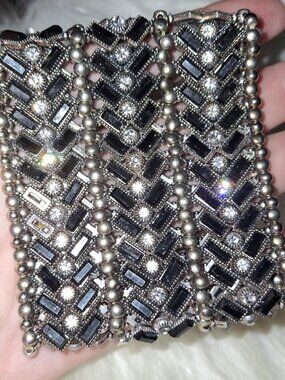 black baguette rhinestone Silver Tone Sparkly Beaded wide stretch Bracelet